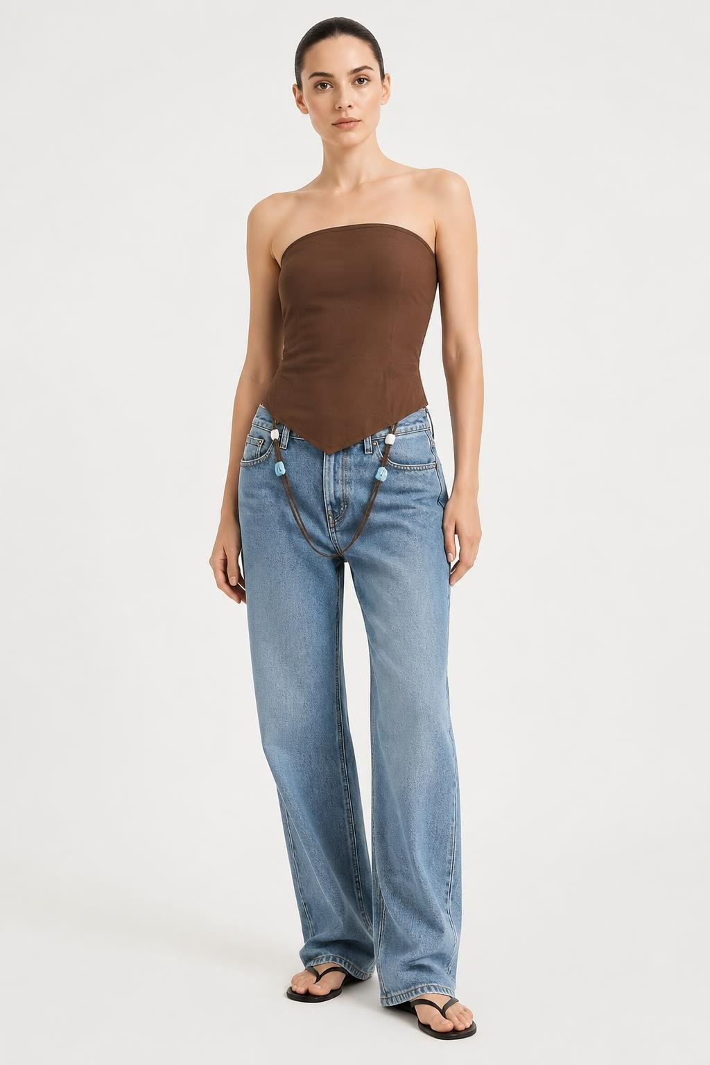 Zara Brown Strapless Top with Turquoise Bead Tie Detail | Pre-Loved | Why Go Less