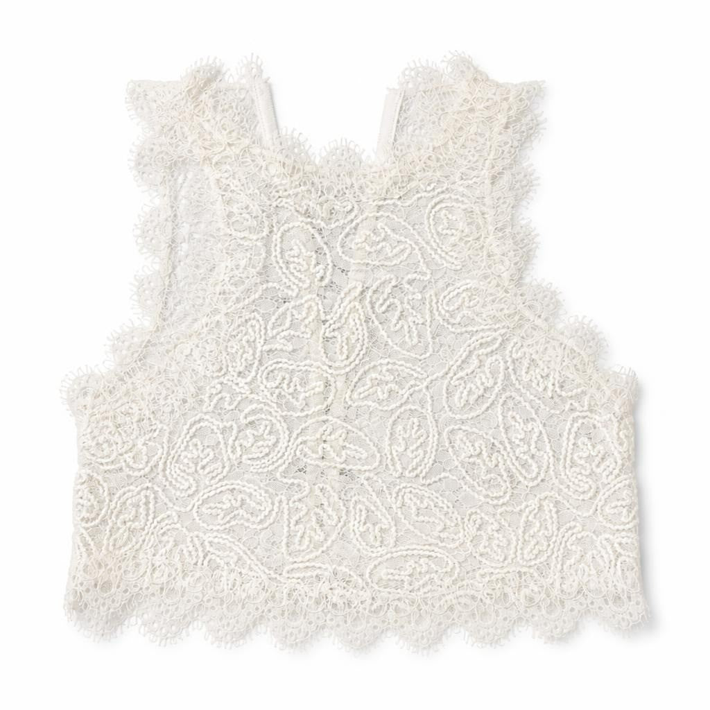White Lace Crop Top,Zip-Up  spaghetti straps, small - white studio shot, second-hand at Why Go Less, Dekwaneh, Lebanon