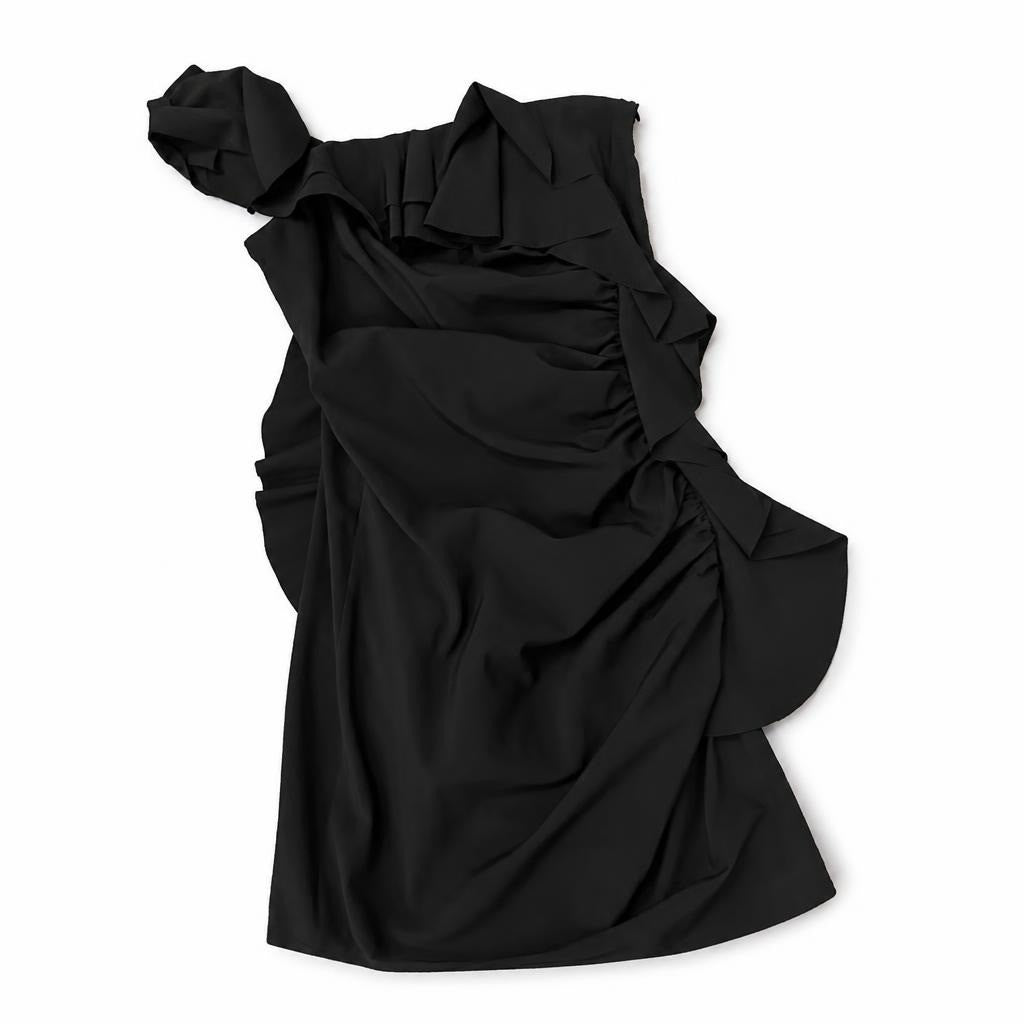 Lucy & Co black ruffle dress, USA S Black one-shoulder - white studio shot, second-hand at Why Go Less, Dekwaneh, Lebanon