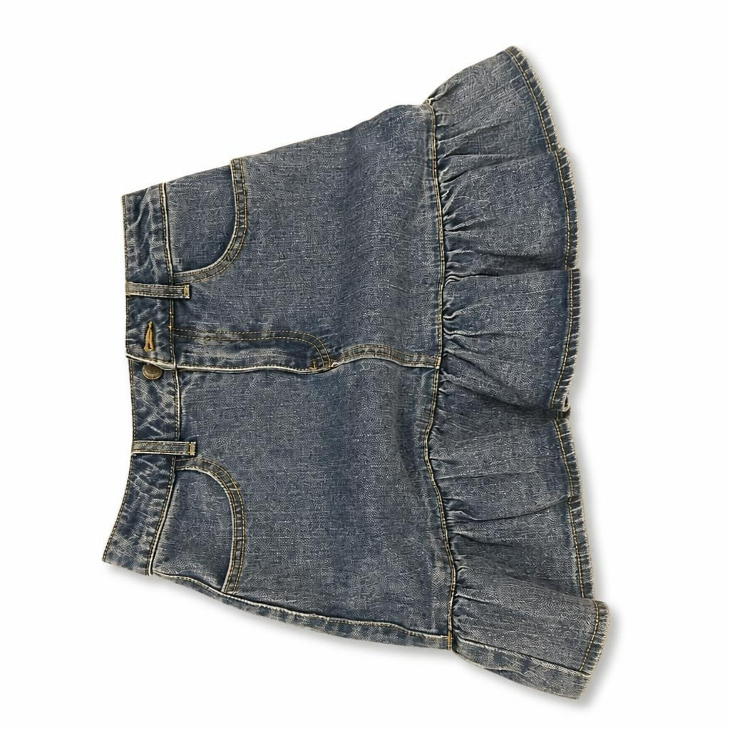 J. Galt Shanghai blue denim jeans, Size S Denim ruffle - white studio shot, second-hand at Why Go Less, Dekwaneh, Lebanon
