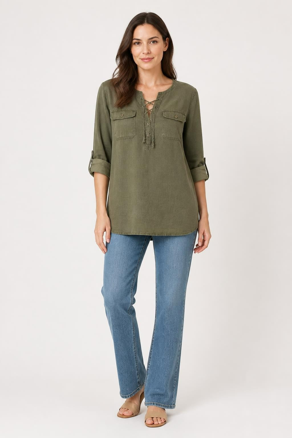 Olive green linen lace-up tunic blouse | Pre-Loved | Why Go Less