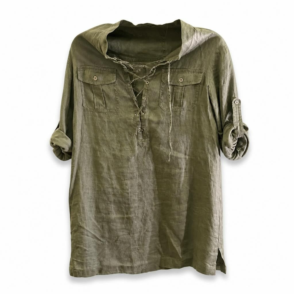 Olive green linen lace-up tunic blouse - white studio shot, second-hand at Why Go Less, Dekwaneh, Lebanon