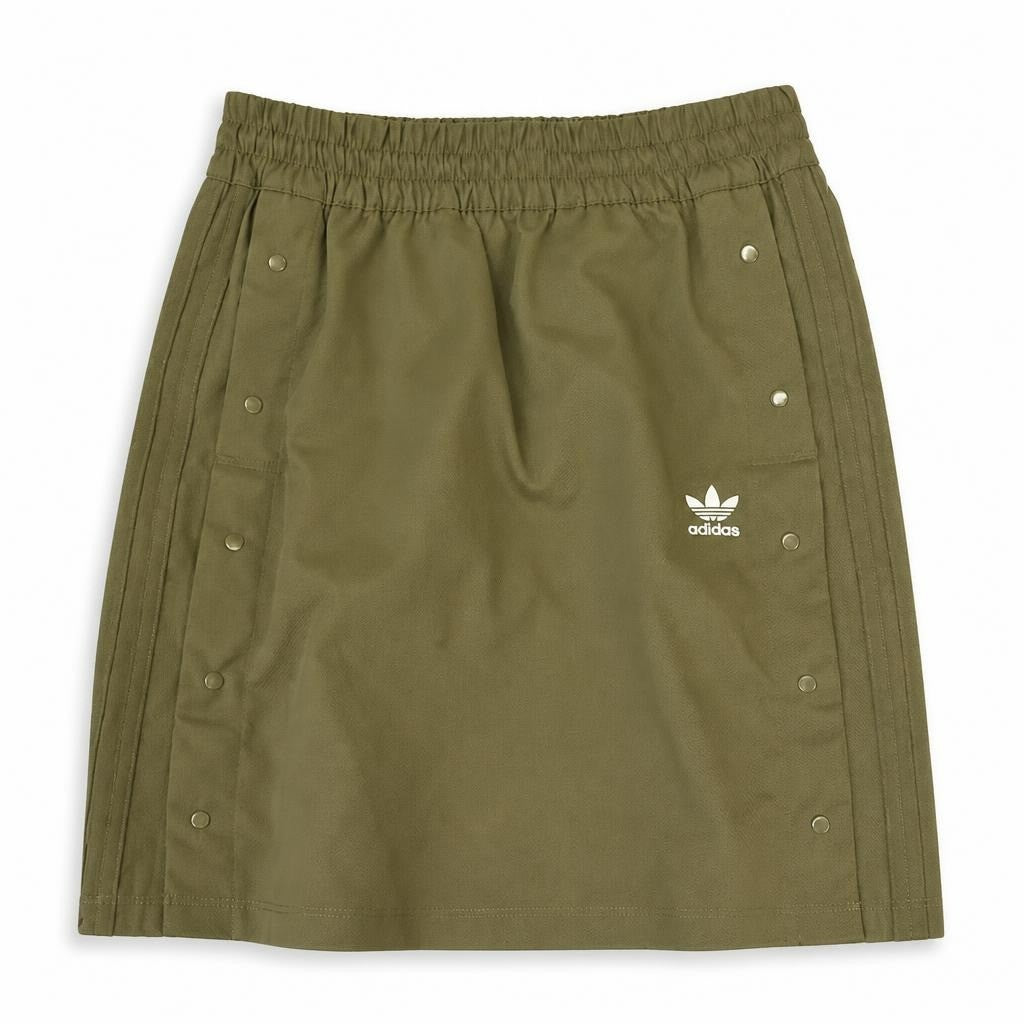 Adidas Originals olive snap skirt, trefoil logo - white studio shot, second-hand at Why Go Less, Dekwaneh, Lebanon