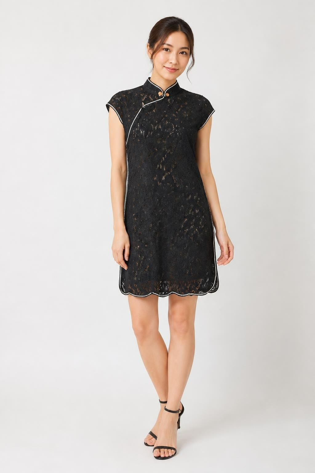 Black lace,qipao dress silver trim, gold button | Pre-Loved | Why Go Less