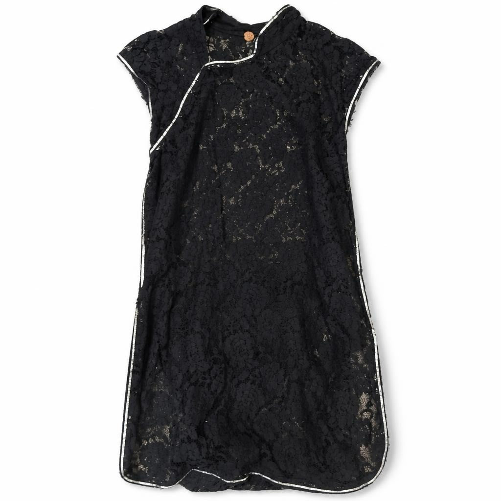 Black lace,qipao dress  silver trim, gold button - white studio shot, second-hand at Why Go Less, Dekwaneh, Lebanon