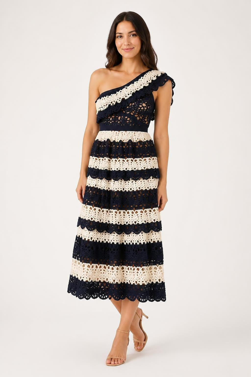 Robe longue en crochet rayé blanc et marine Self-Portrait | Occasion | Pourquoi payer plus