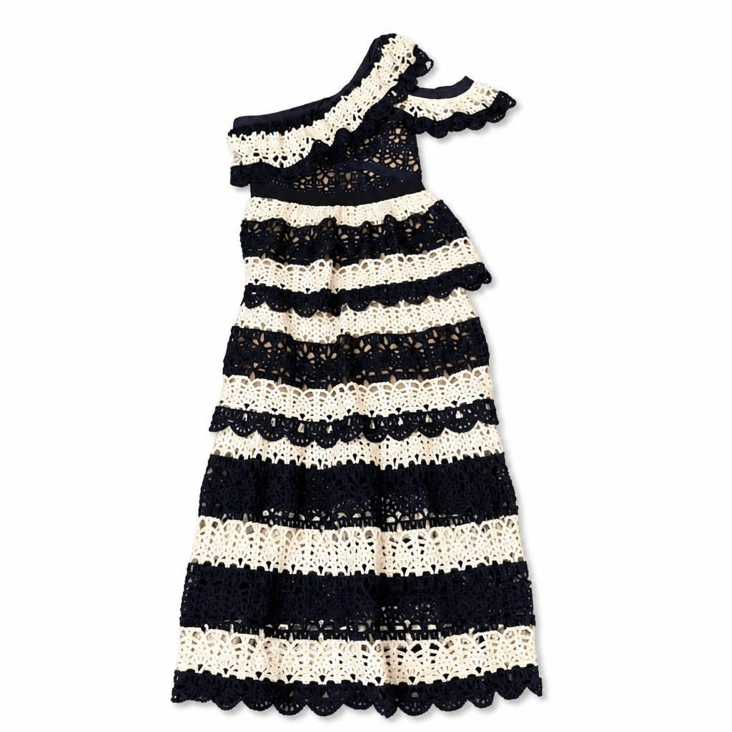 Self-Portrait Navy White Striped Crochet Maxi Dress - white studio shot, second-hand at Why Go Less, Dekwaneh, Lebanon