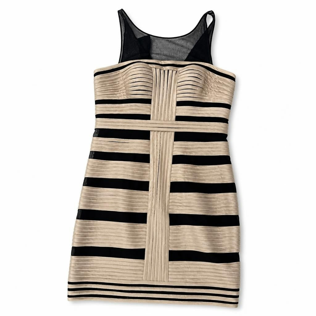 Frisson Couture black & beige stripe bodycon dress sz 8 - white studio shot, second-hand at Why Go Less, Dekwaneh, Lebanon