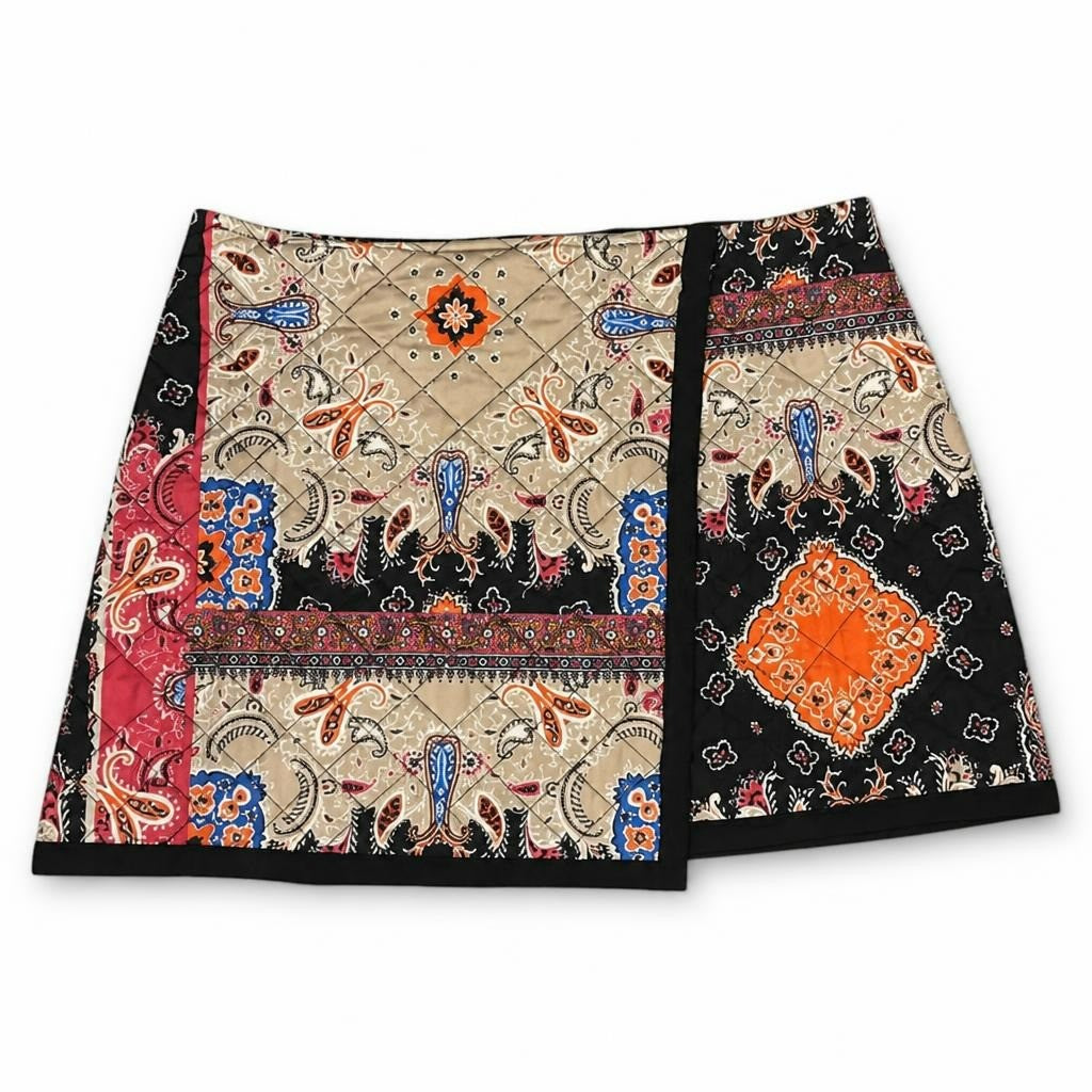 Zara paisley patchwork quilted mini skirt size M - white studio shot, second-hand at Why Go Less, Dekwaneh, Lebanon