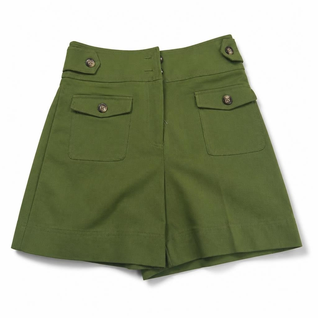 7th Ave NY&Co olive cargo shorts size 0 - white studio shot, second-hand at Why Go Less, Dekwaneh, Lebanon