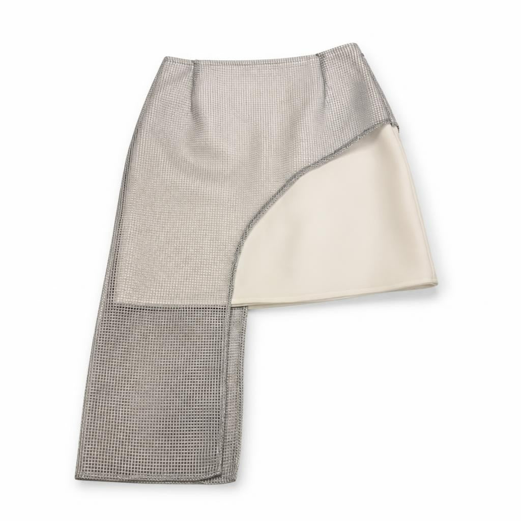 Scene 3.14 Silver metallic mesh mini skirt with cream - white studio shot, second-hand at Why Go Less, Dekwaneh, Lebanon