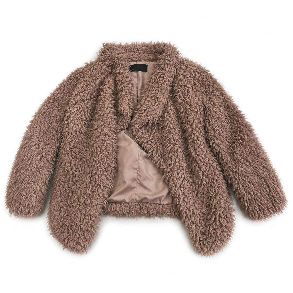 Zara Basic curly faux fur crop jacket mauve S - white studio shot, second-hand at Why Go Less, Dekwaneh, Lebanon