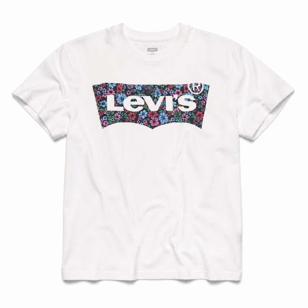 Levi's floral batwing logo white tee - white studio shot, second-hand at Why Go Less, Dekwaneh, Lebanon