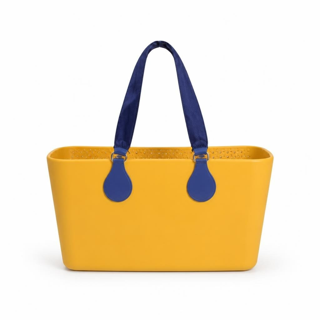 O Bag yellow tote, blue handles - white studio shot, second-hand at Why Go Less, Dekwaneh, Lebanon