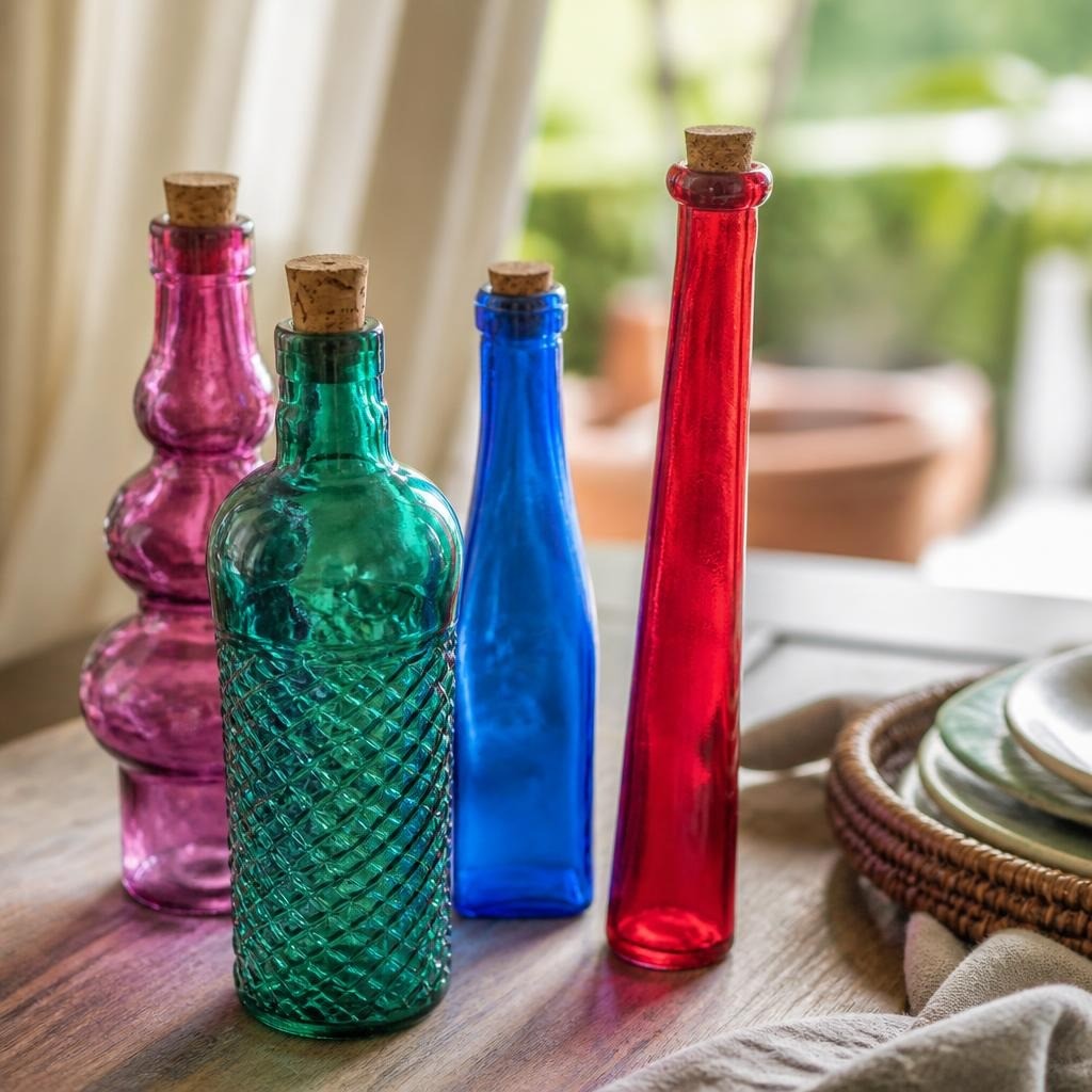 Set of 5 colored glass cork bottles, mixed colors | Pre-Loved | Why Go Less