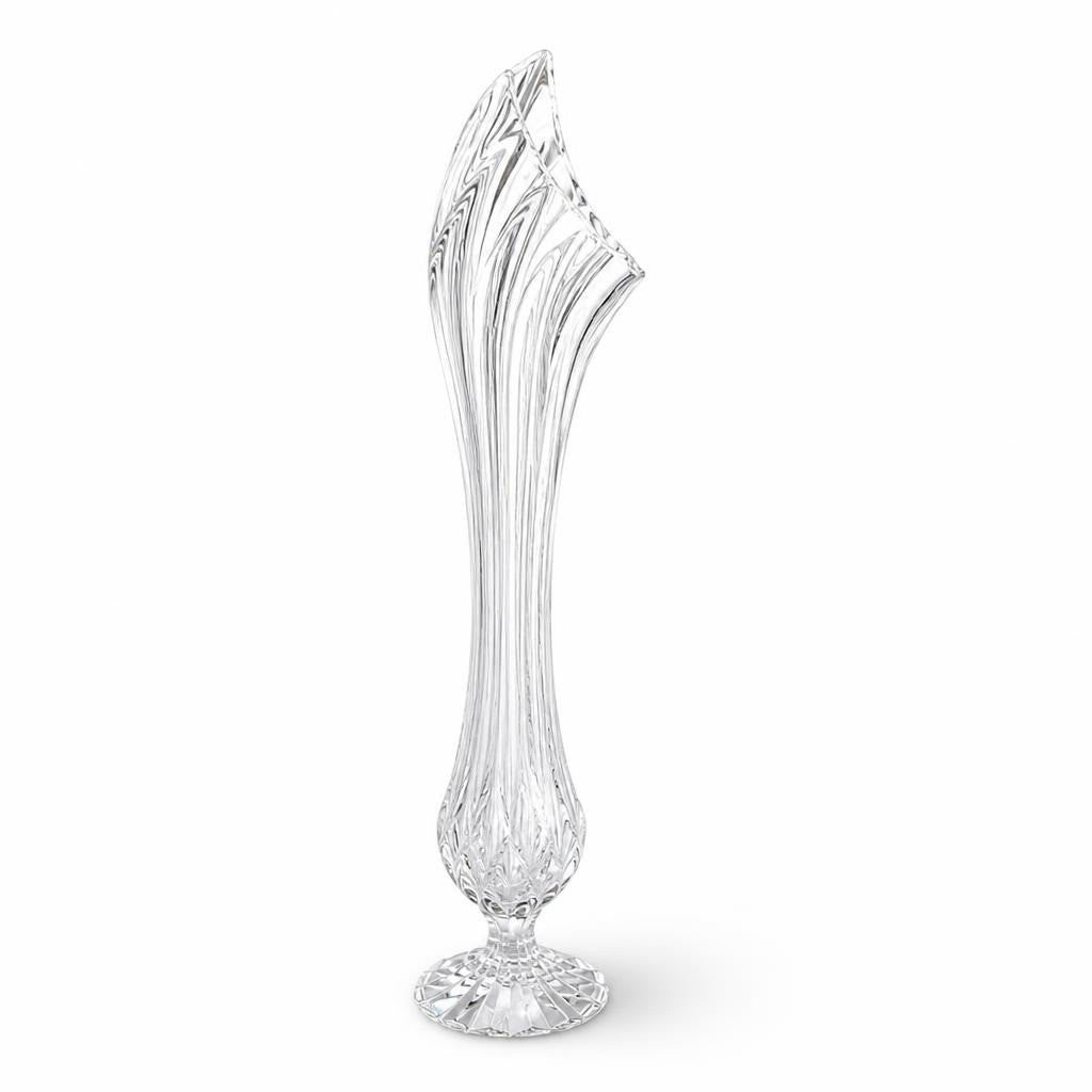 Crystal glass swung bud vase, clear, tall - white studio shot, second-hand at Why Go Less, Dekwaneh, Lebanon