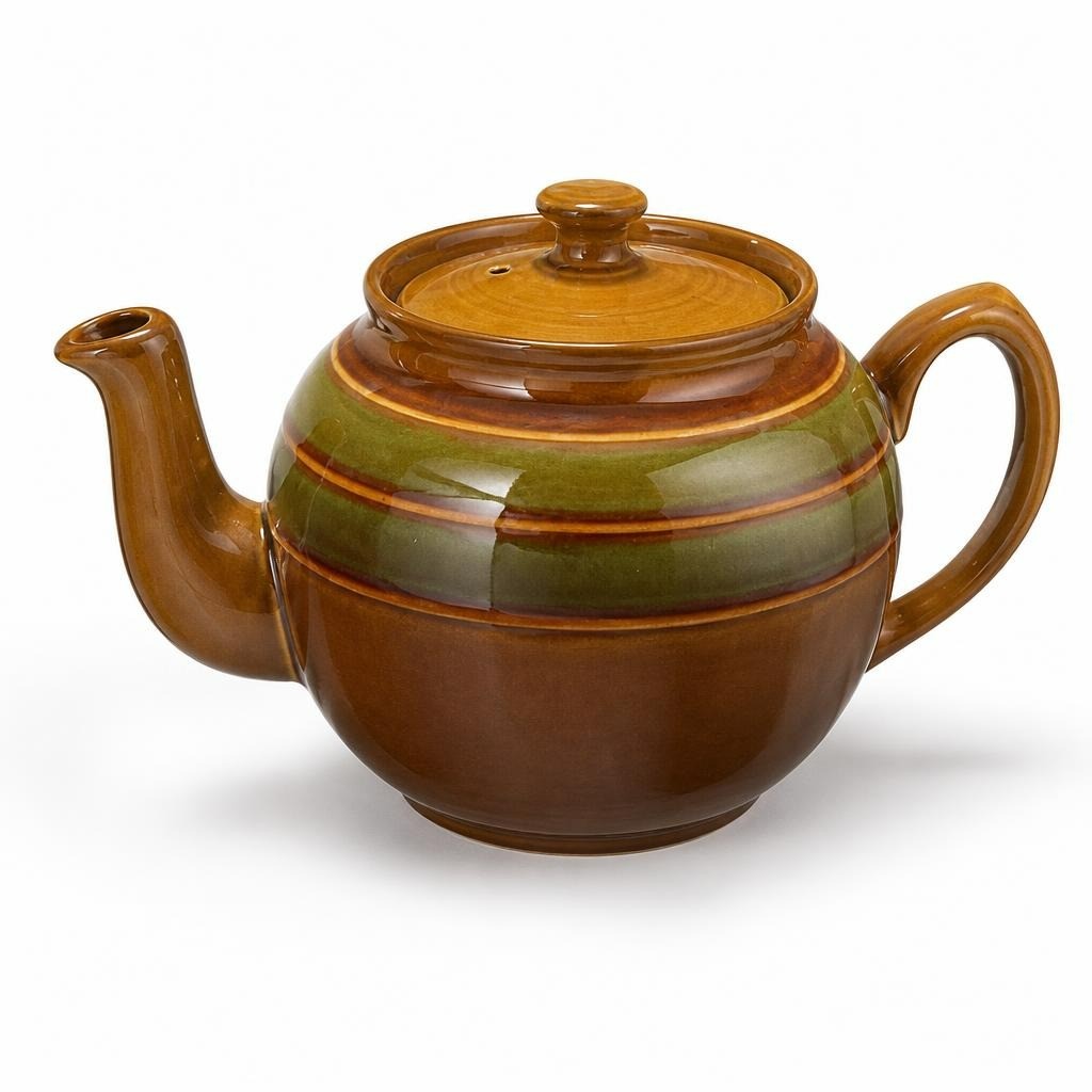 Ceramic teapot, brown-green glaze, medium - white studio shot, second-hand at Why Go Less, Dekwaneh, Lebanon