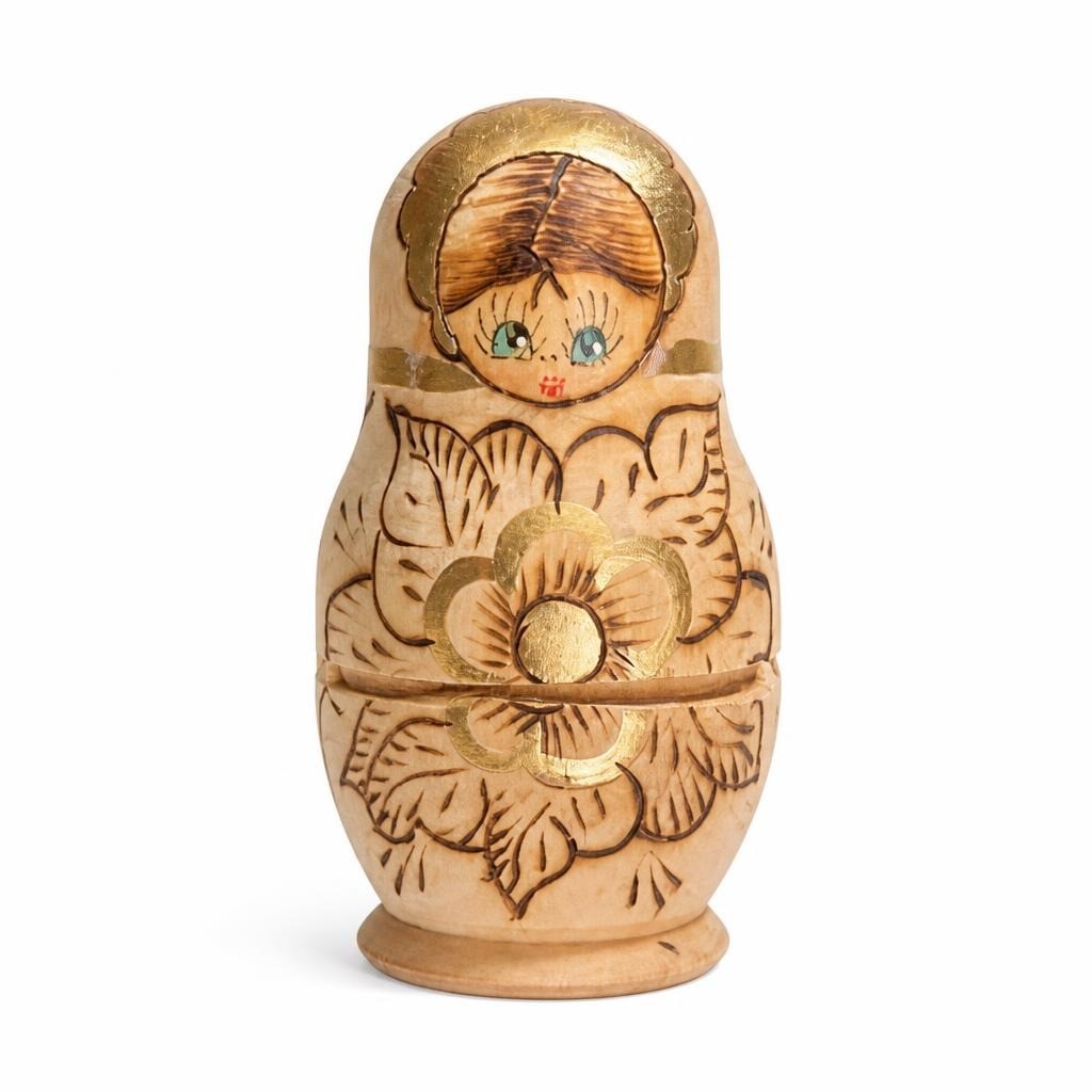 Wooden Matryoshka nesting doll, natural gold tone - white studio shot, second-hand at Why Go Less, Dekwaneh, Lebanon