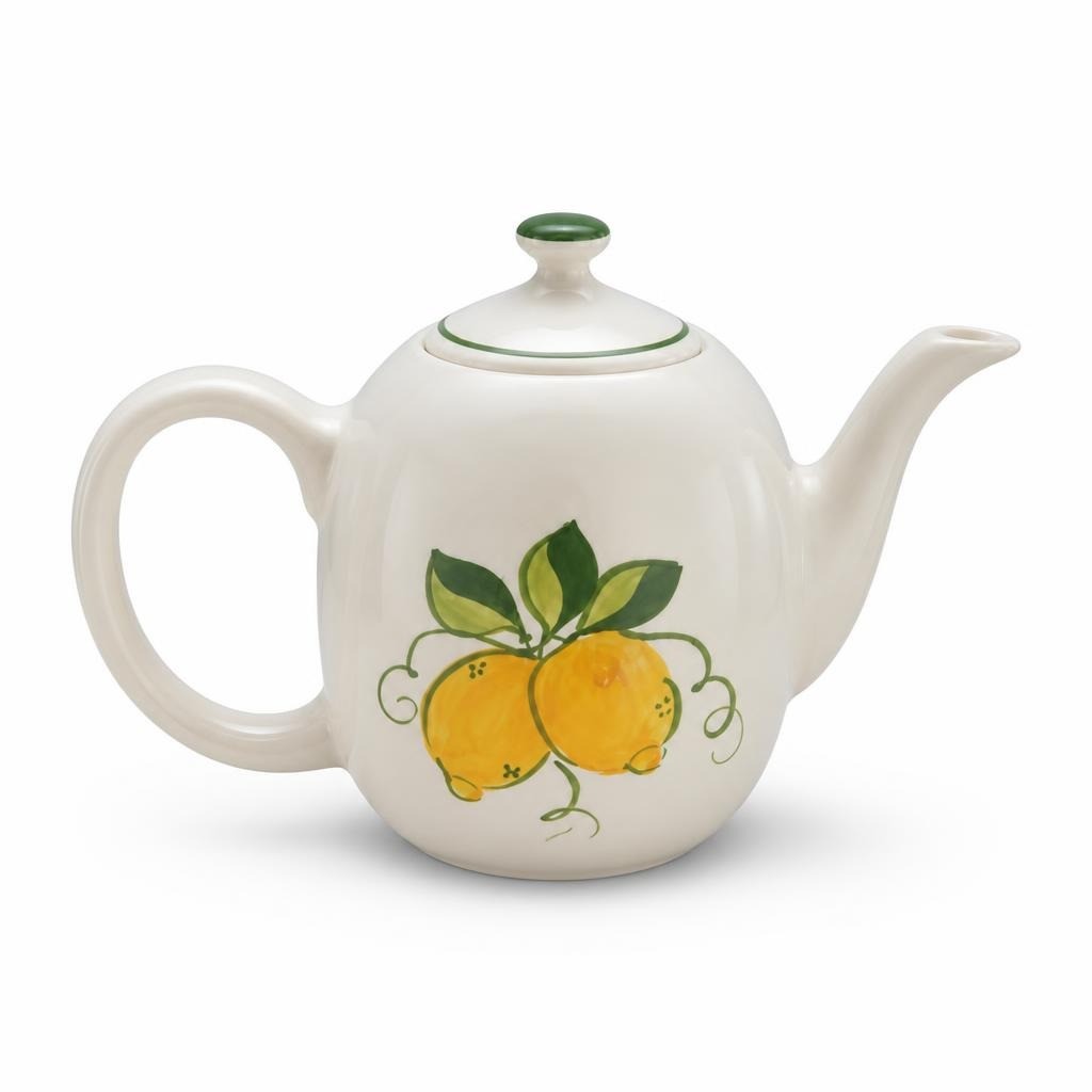 Ceramic teapot, white with lemon print, large - white studio shot, second-hand at Why Go Less, Dekwaneh, Lebanon