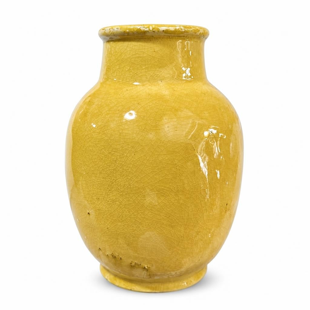 Yellow glazed ceramic vase, crackle finish - white studio shot, second-hand at Why Go Less, Dekwaneh, Lebanon
