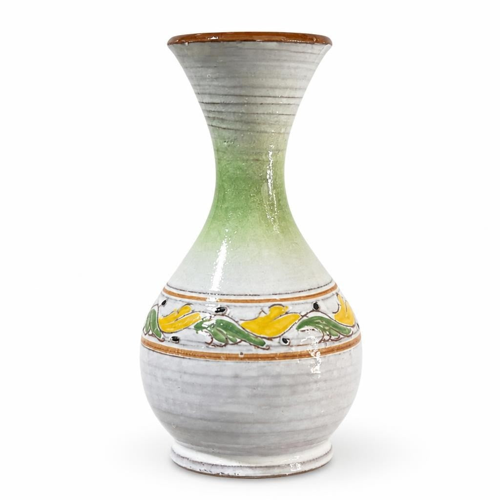 Hand-painted ceramic bud vase, green & yellow - white studio shot, second-hand at Why Go Less, Dekwaneh, Lebanon