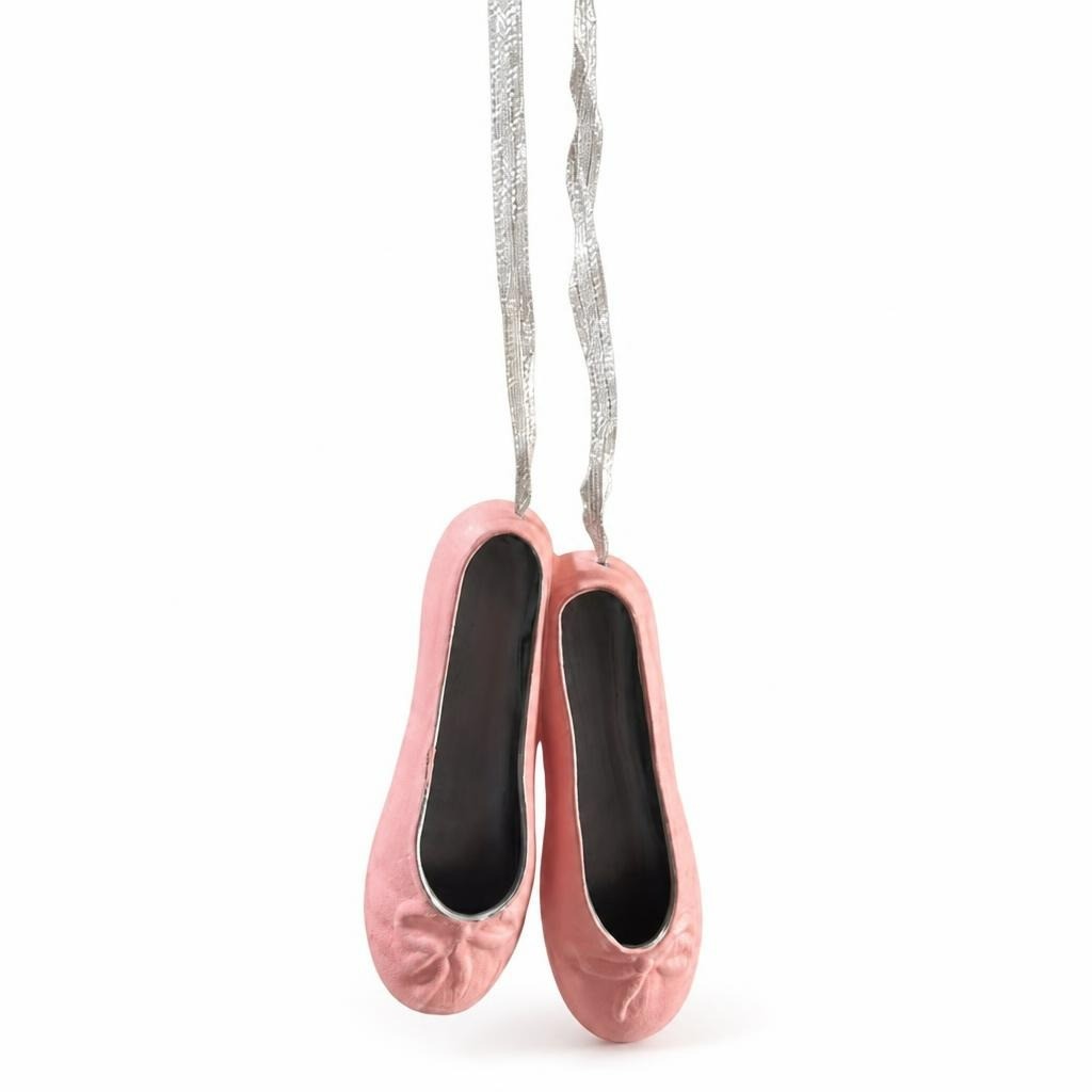 Pink ballet flat shoes ornament/decor, silver ribbon - white studio shot, second-hand at Why Go Less, Dekwaneh, Lebanon
