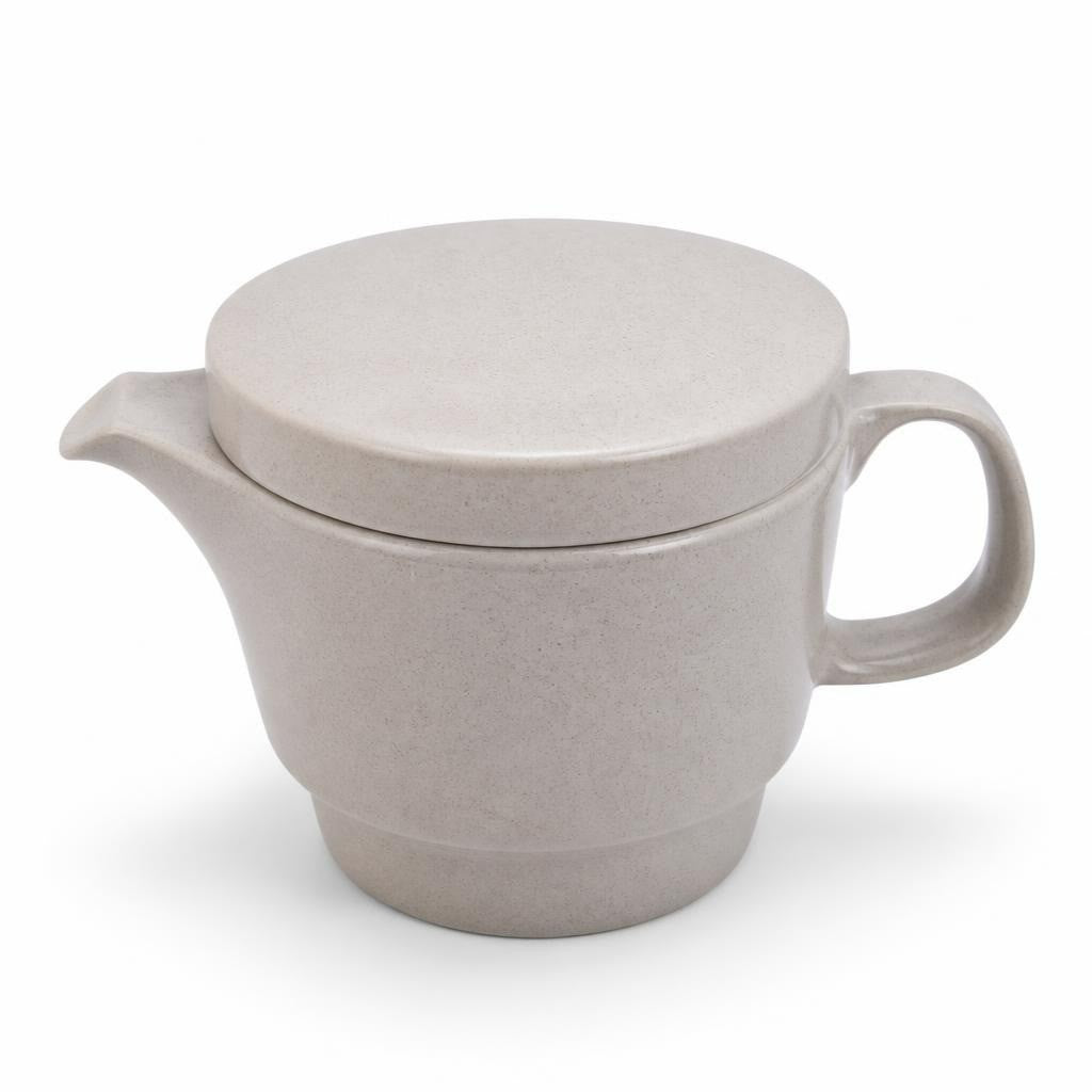 Beige speckled ceramic teapot with lid - white studio shot, second-hand at Why Go Less, Dekwaneh, Lebanon