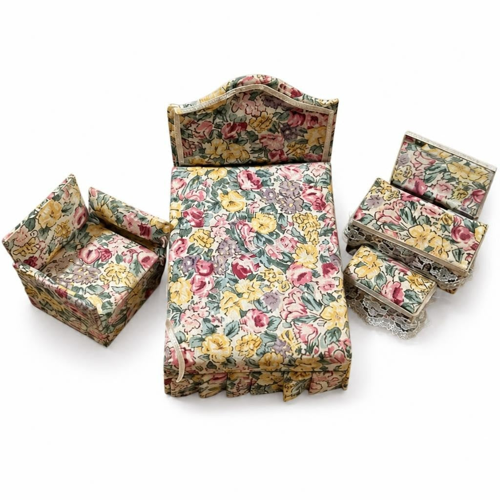 Floral dollhouse miniature bedroom furniture set - white studio shot, second-hand at Why Go Less, Dekwaneh, Lebanon