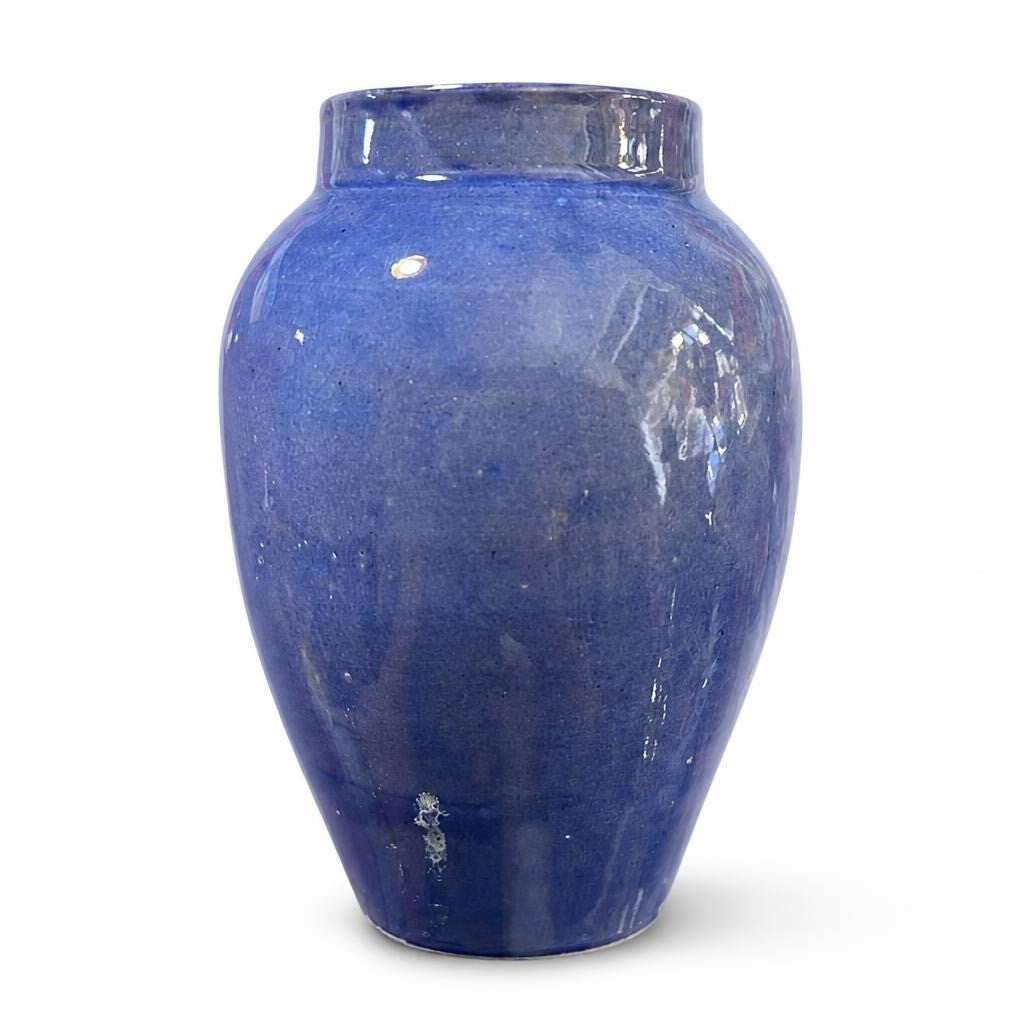 Blue glazed ceramic pottery vase, medium - white studio shot, second-hand at Why Go Less, Dekwaneh, Lebanon