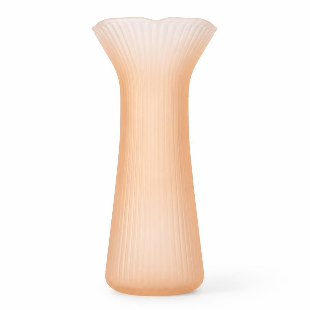 Frosted pink ribbed glass flower vase - white studio shot, second-hand at Why Go Less, Dekwaneh, Lebanon