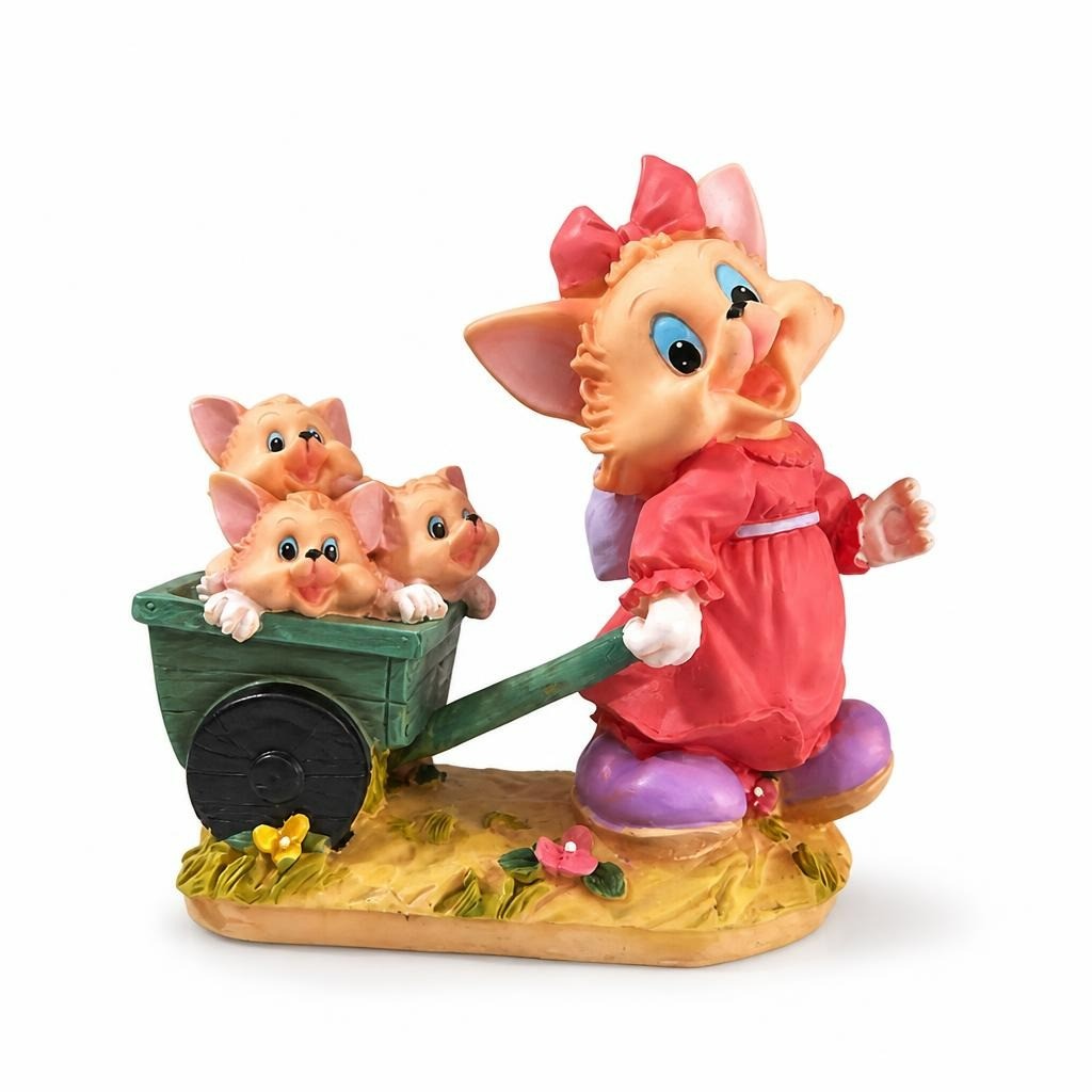 Pink elephant mama & kittens figurine, resin, colorful - white studio shot, second-hand at Why Go Less, Dekwaneh, Lebanon