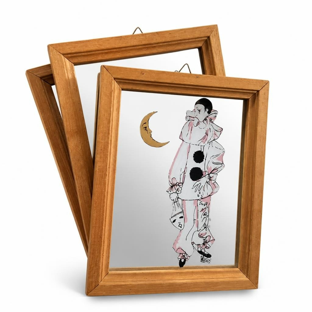 Pierrot clown mirror art framed, wood frame, small - white studio shot, second-hand at Why Go Less, Dekwaneh, Lebanon