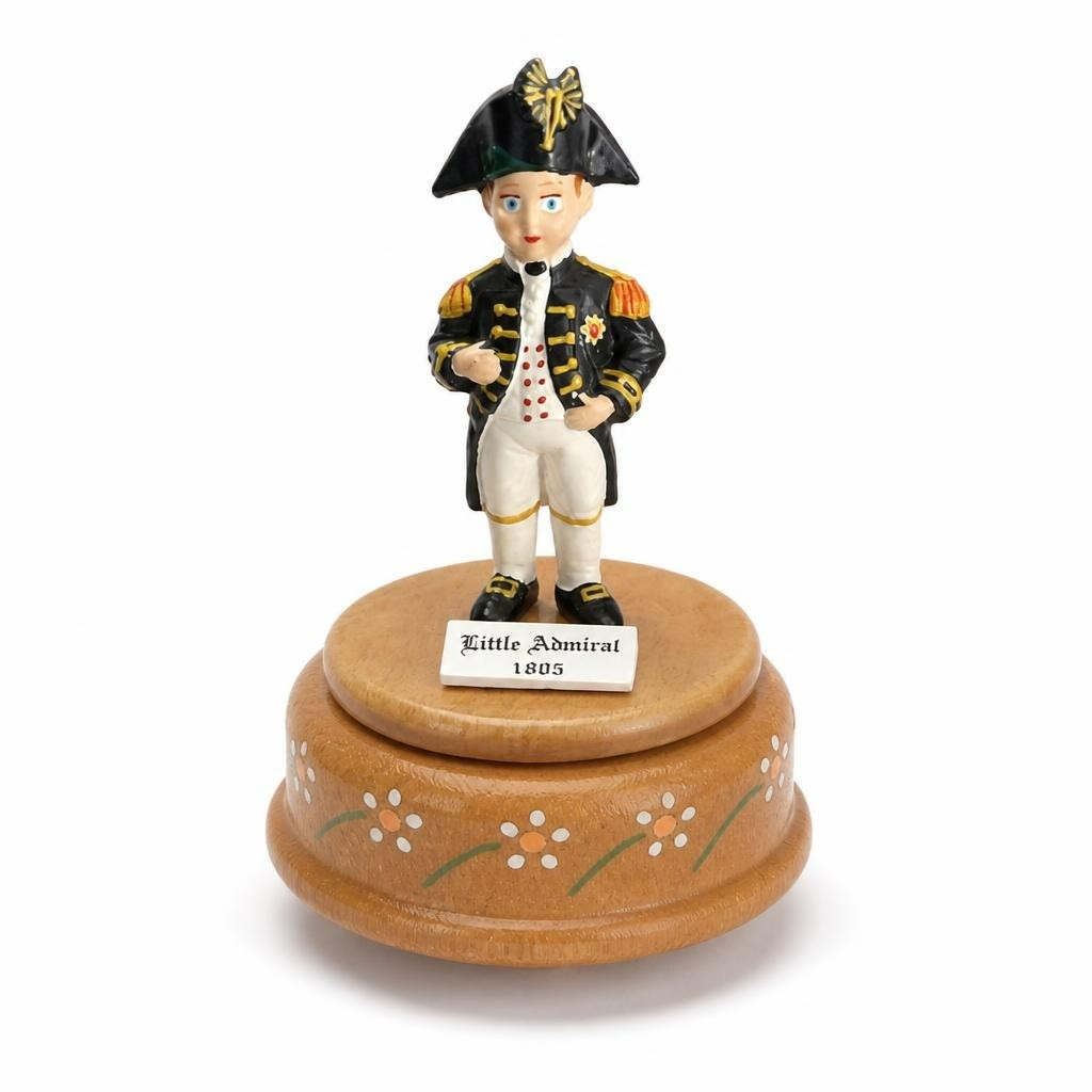 Little Admiral 1805 music box figurine, wooden base - white studio shot, second-hand at Why Go Less, Dekwaneh, Lebanon