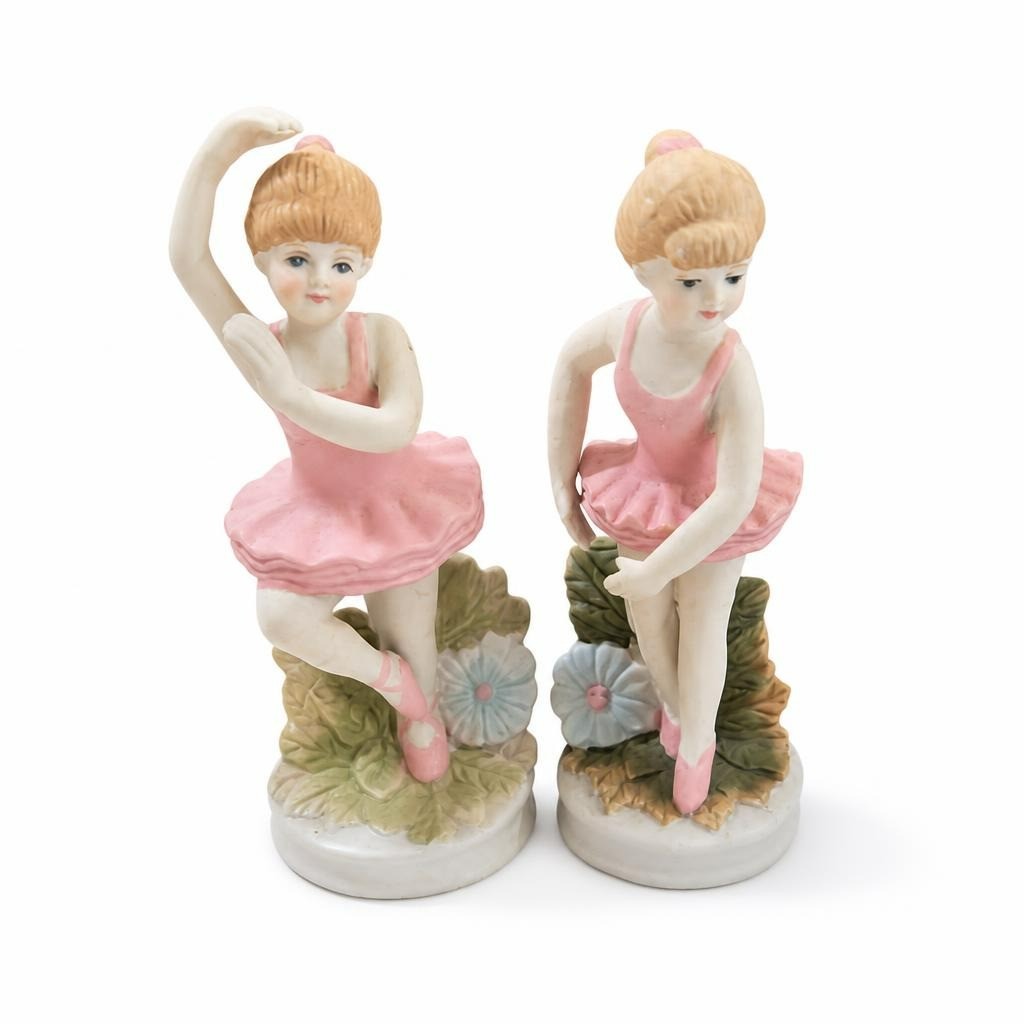 Pair porcelain ballerina figurines, pink tutu, vintage - white studio shot, second-hand at Why Go Less, Dekwaneh, Lebanon