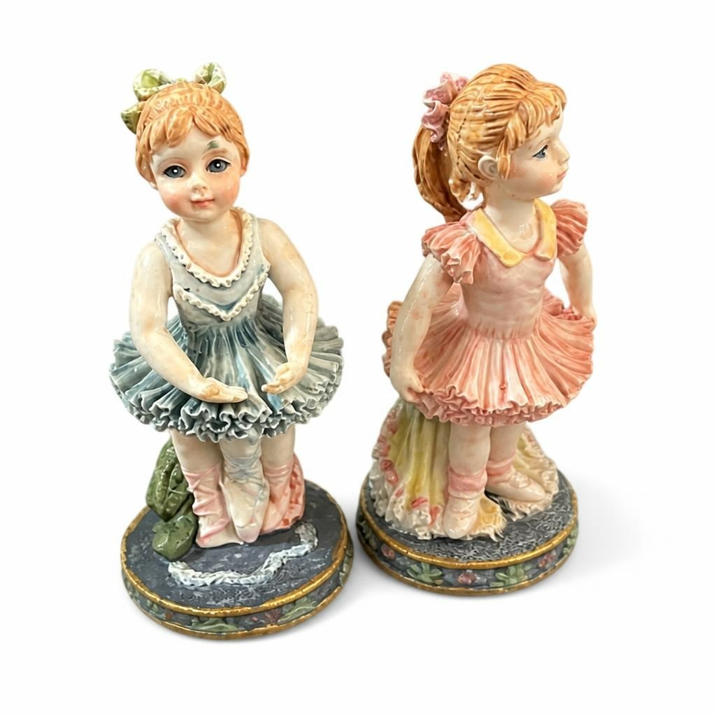 Ceramic ballerina girl figurines set of 2, pink/blue - white studio shot, second-hand at Why Go Less, Dekwaneh, Lebanon