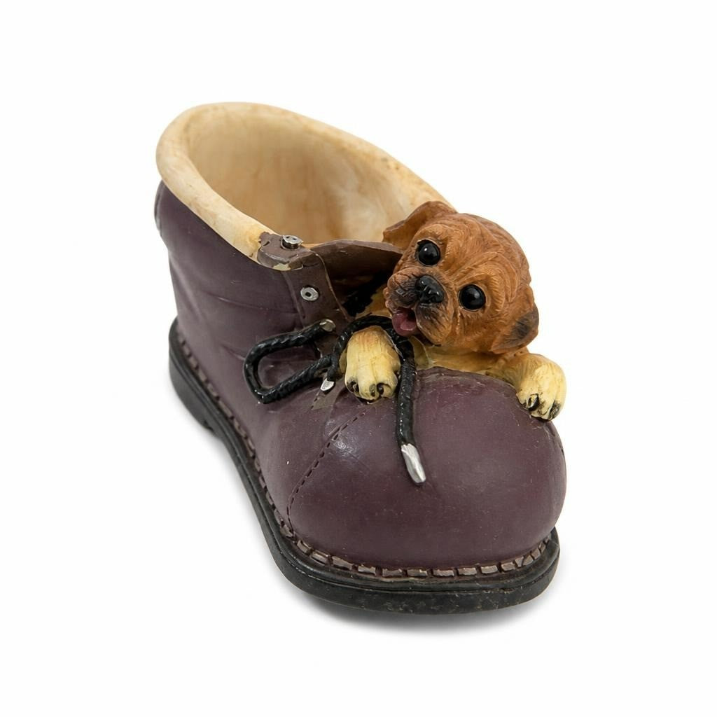 Resin puppy-in-shoe novelty figurine, brown - white studio shot, second-hand at Why Go Less, Dekwaneh, Lebanon