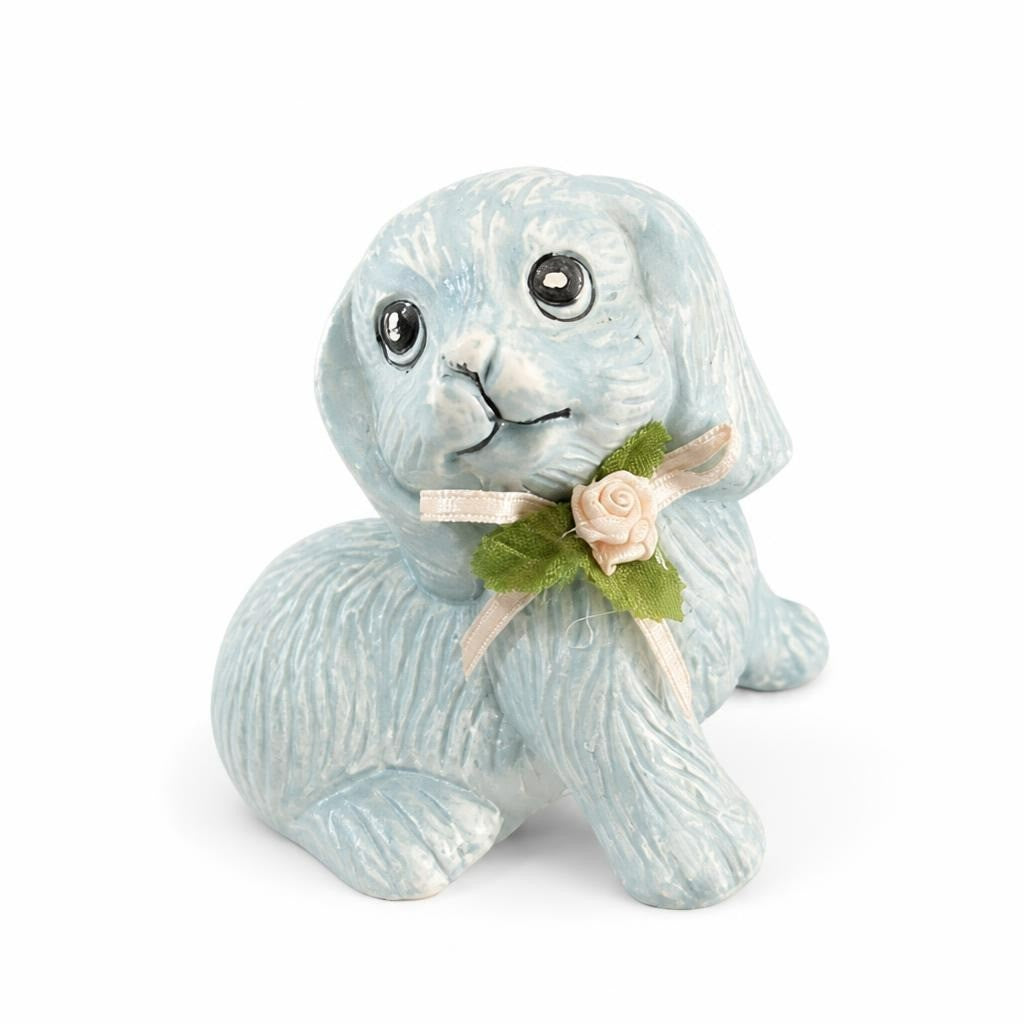 Ceramic blue bunny figurine with rose ribbon detail - white studio shot, second-hand at Why Go Less, Dekwaneh, Lebanon