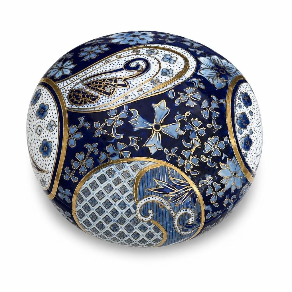 Blue and gold ornate ceramic lidded bowl/jar, large - white studio shot, second-hand at Why Go Less, Dekwaneh, Lebanon