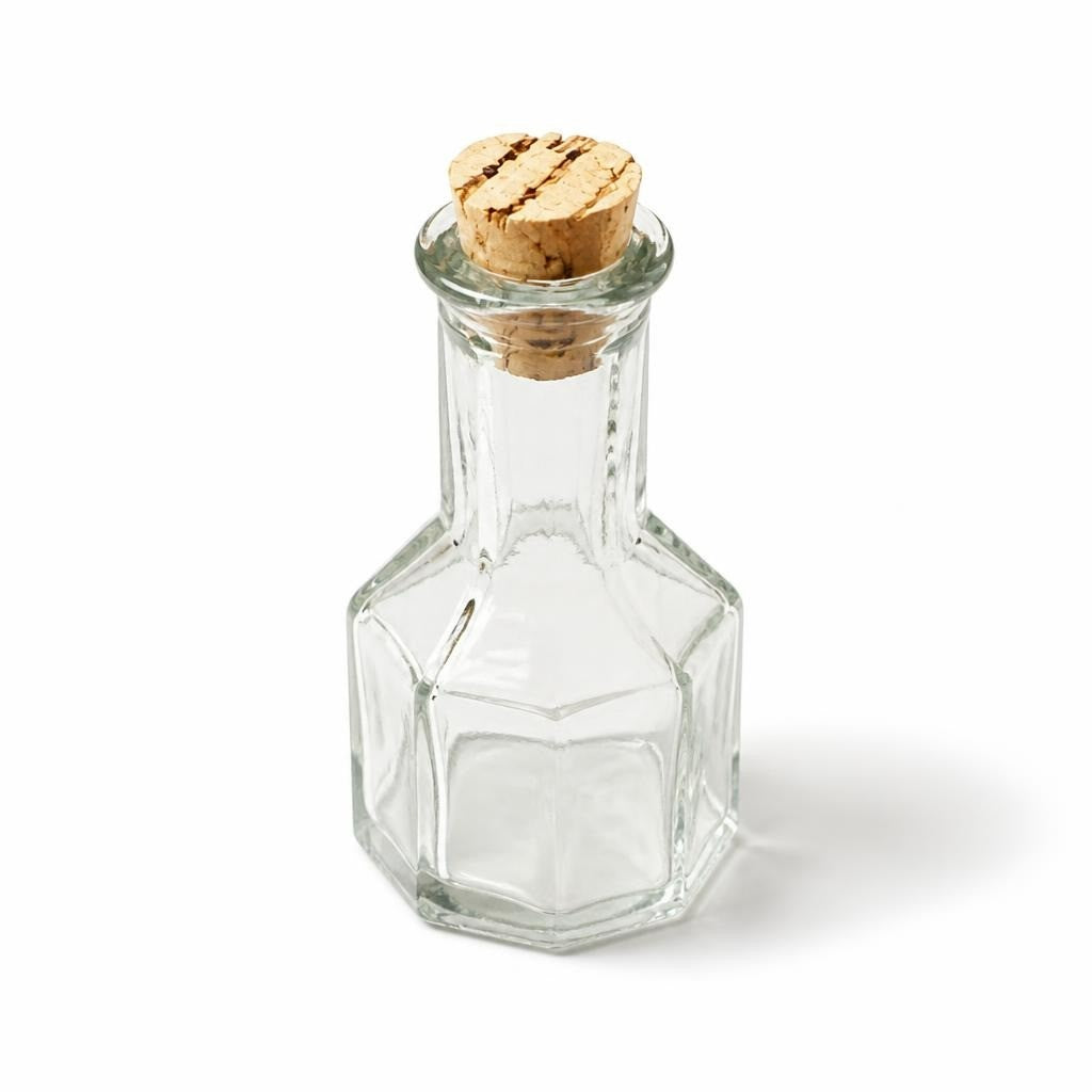Small clear glass cork-top bottles set of 2, decorative - white studio shot, second-hand at Why Go Less, Dekwaneh, Lebanon