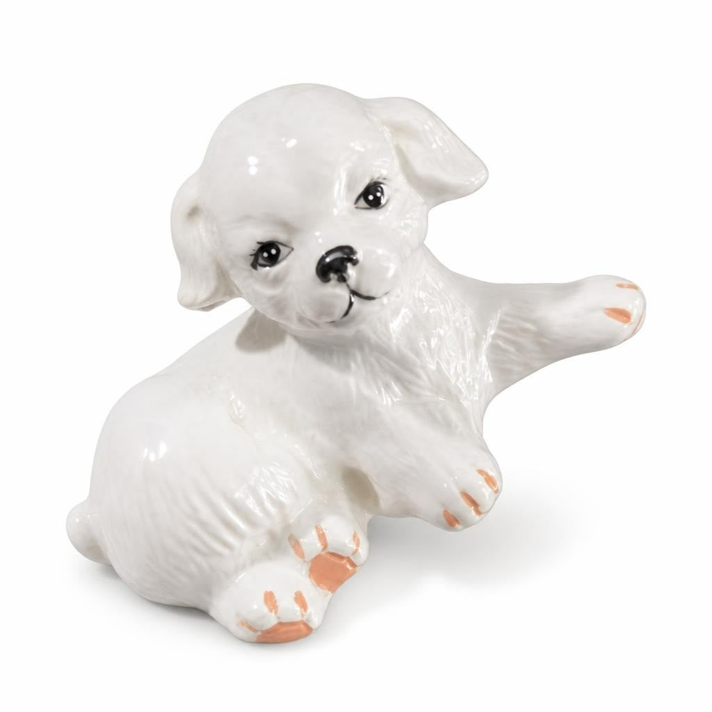White Ceramic Puppy Figurine with Orange Paws - white studio shot, second-hand at Why Go Less, Dekwaneh, Lebanon
