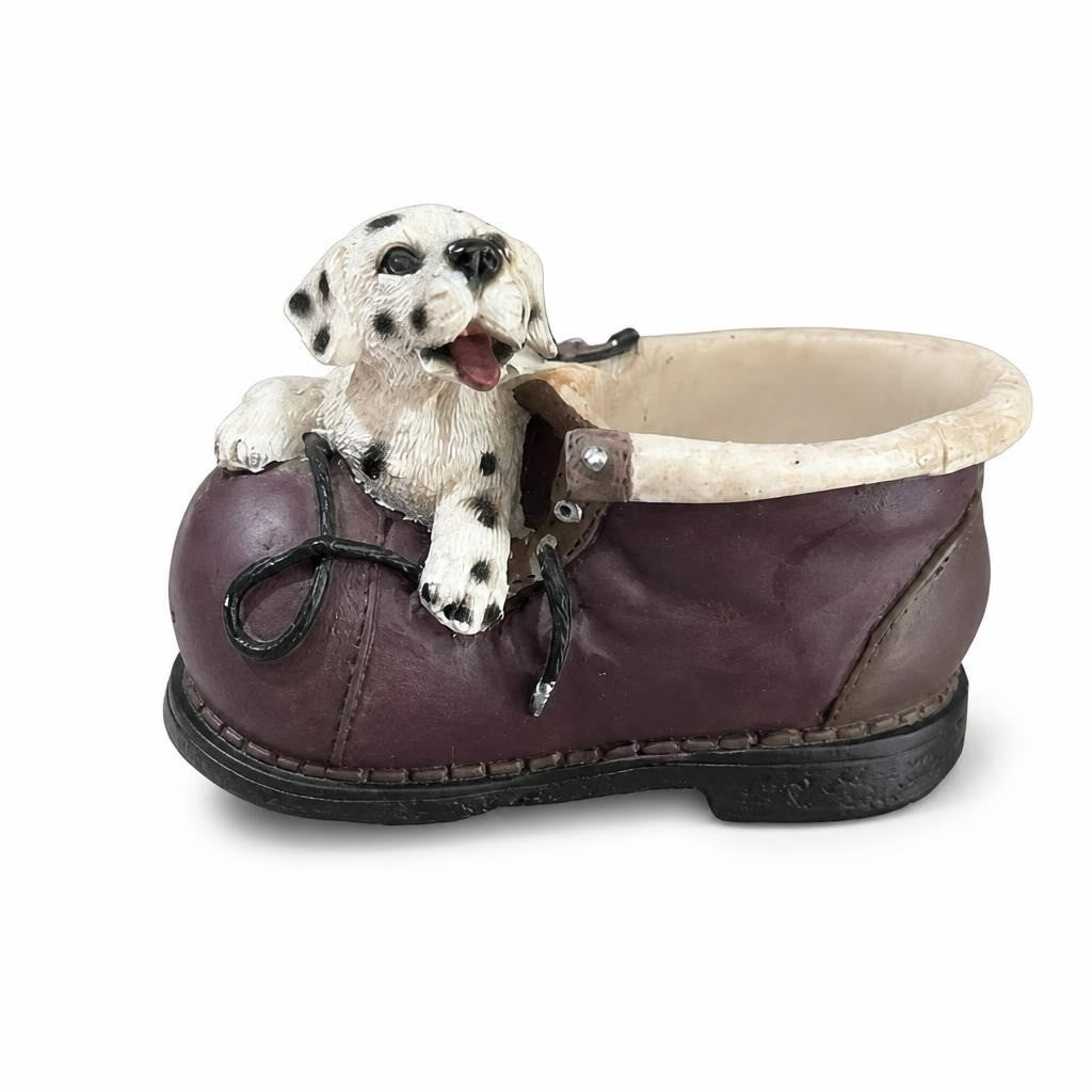 Dalmatian puppy in shoe figurine, resin - white studio shot, second-hand at Why Go Less, Dekwaneh, Lebanon