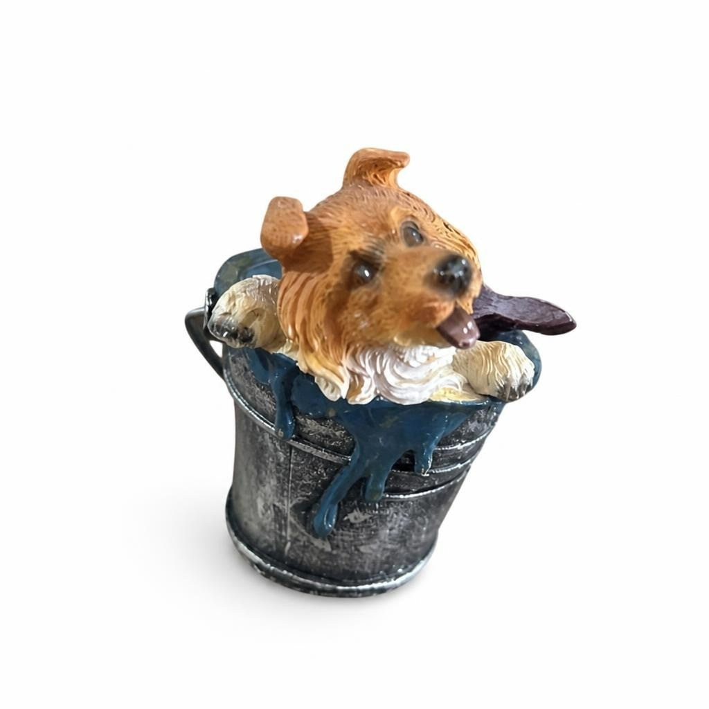 Yorkshire Terrier in bucket resin dog figurine - white studio shot, second-hand at Why Go Less, Dekwaneh, Lebanon
