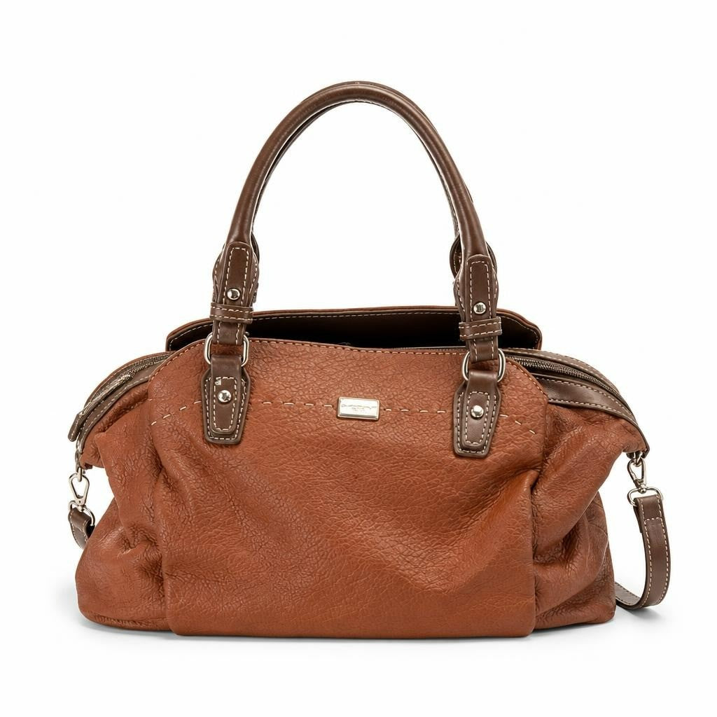 Brown pebbled leather satchel handbag, tan, medium - white studio shot, second-hand at Why Go Less, Dekwaneh, Lebanon