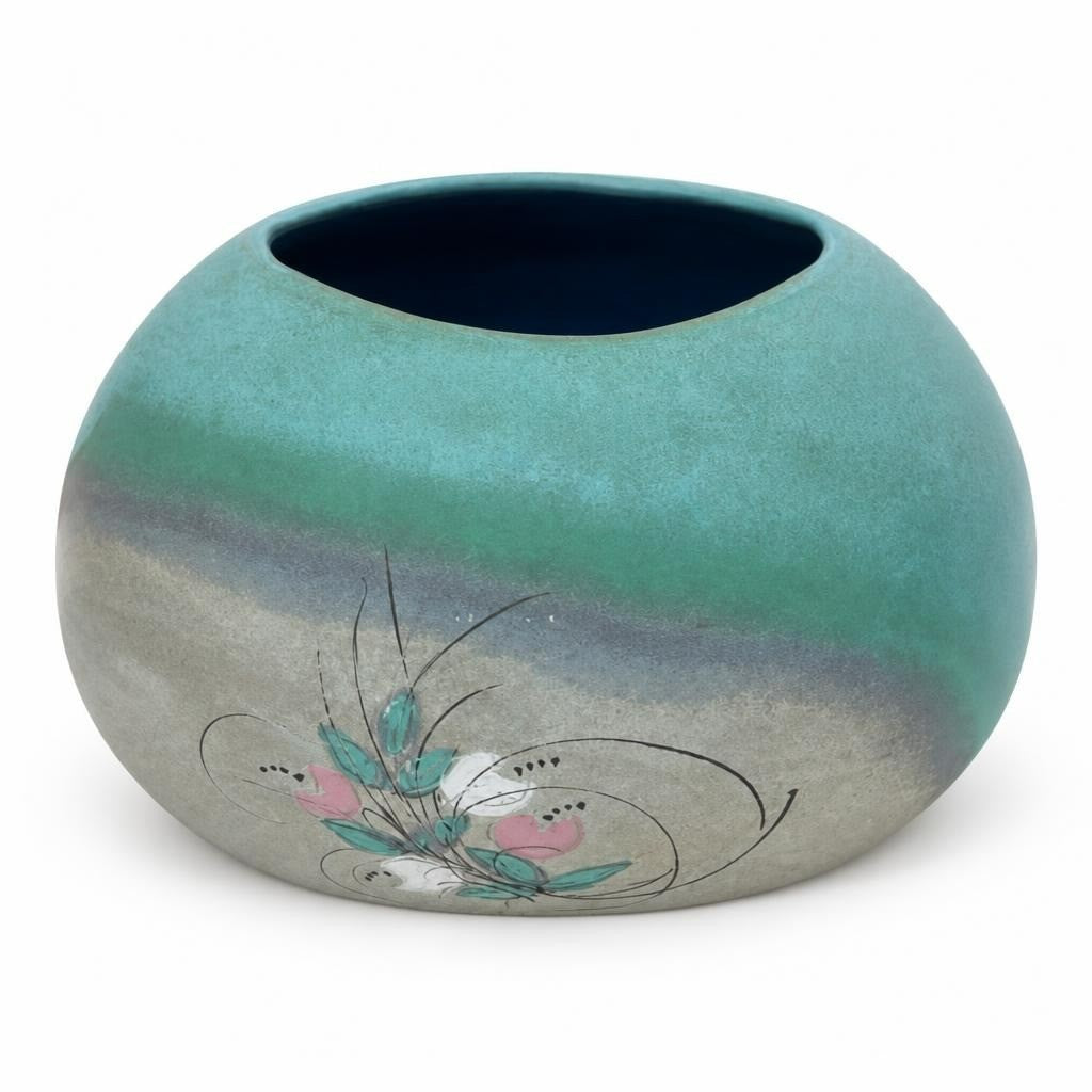 Teal ceramic round vase, floral motif, decorative - white studio shot, second-hand at Why Go Less, Dekwaneh, Lebanon