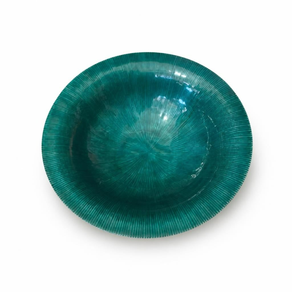Teal green glass decorative bowl, ribbed rim - white studio shot, second-hand at Why Go Less, Dekwaneh, Lebanon