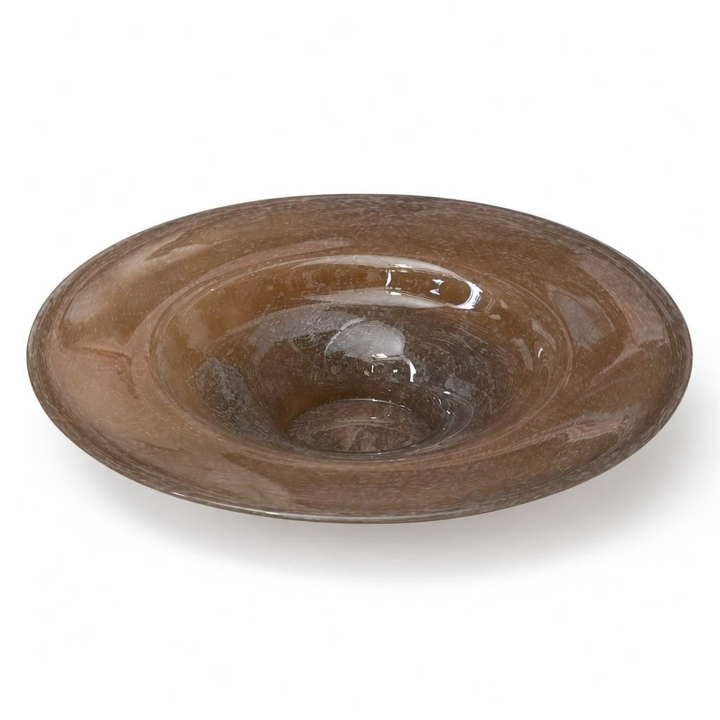 Smoky brown art glass wide decorative bowl - white studio shot, second-hand at Why Go Less, Dekwaneh, Lebanon