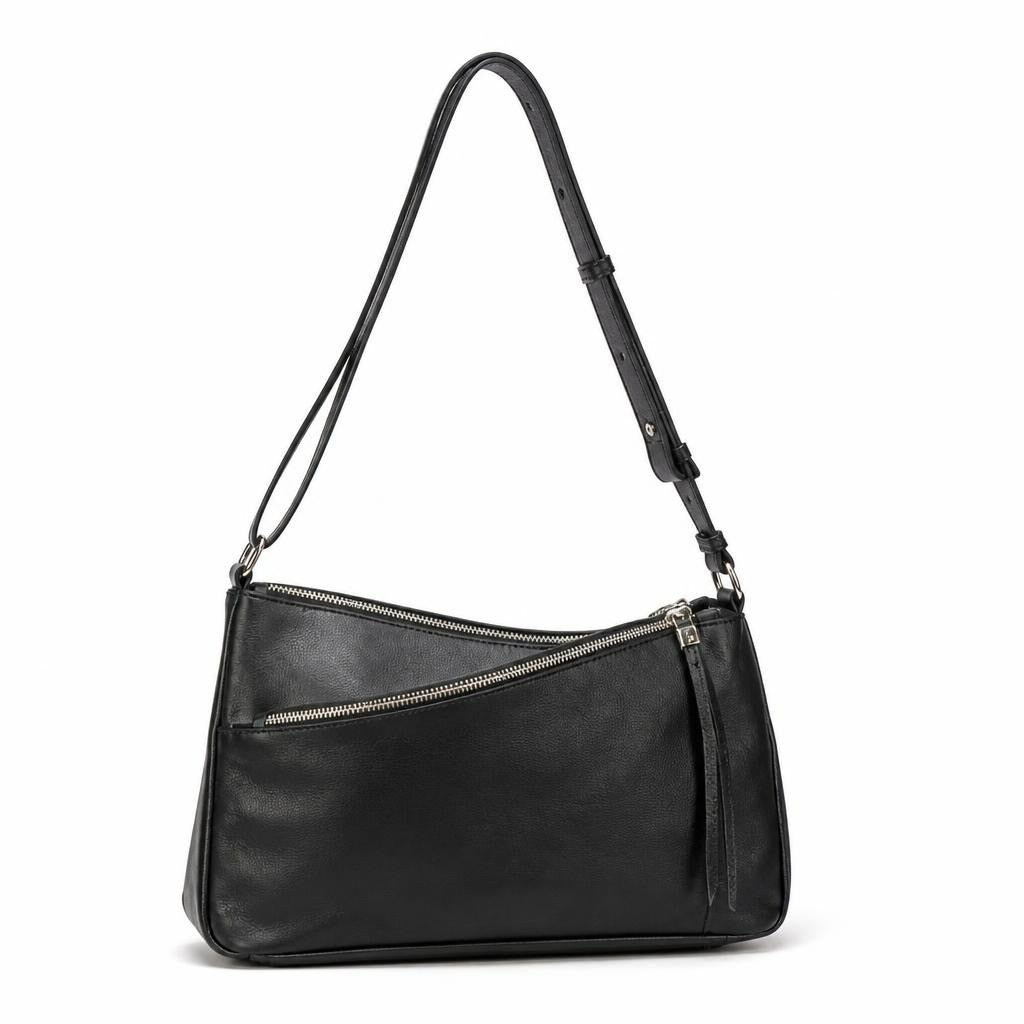 Black & silver leather shoulder bag with zip detail - white studio shot, second-hand at Why Go Less, Dekwaneh, Lebanon