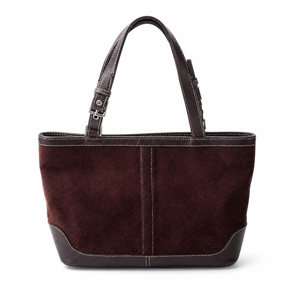 Coach Suede Leather Tote Bag Brown Medium - white studio shot, second-hand at Why Go Less, Dekwaneh, Lebanon