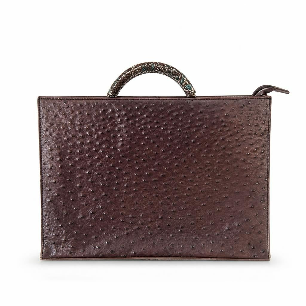 Ostrich Embossed Leather Handbag Brown Medium - white studio shot, second-hand at Why Go Less, Dekwaneh, Lebanon