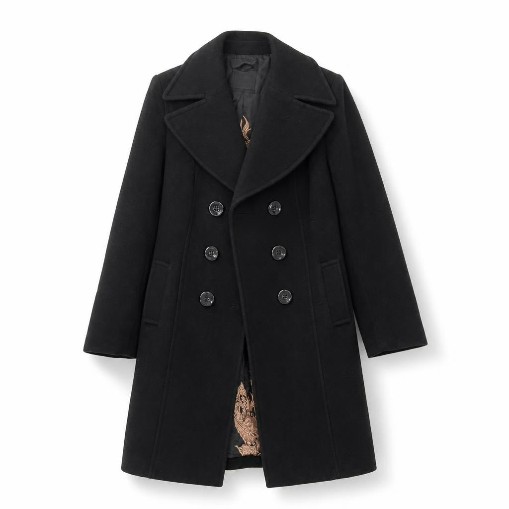 Double-breasted black wool peacoat, classic fit - white studio shot, second-hand at Why Go Less, Dekwaneh, Lebanon